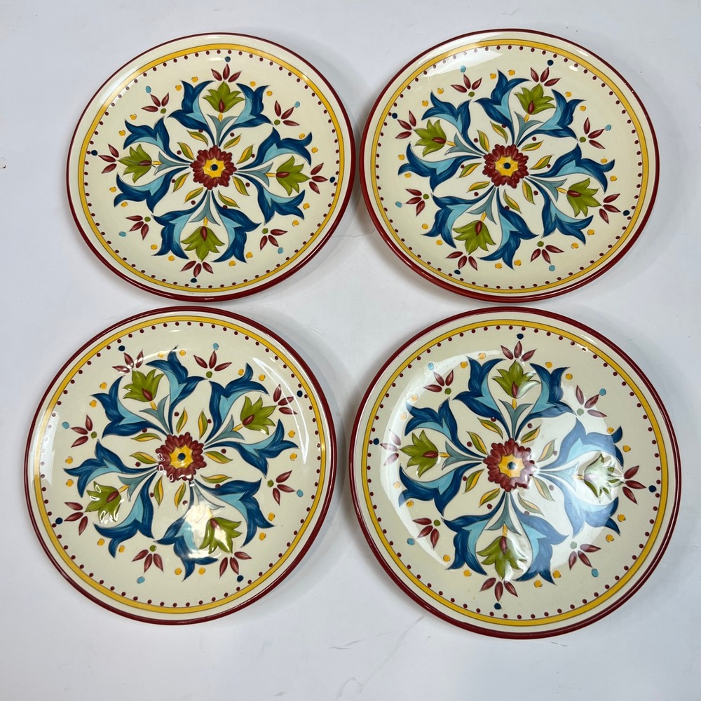 Bobby Flay Sevilla Salad Dessert Plate‎ Ceramic Floral Red Yellow Blue Set of 4